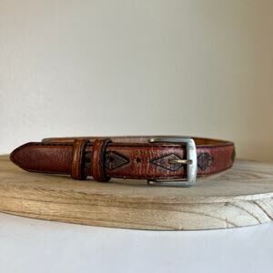 Vintage 90s Brown Genuine Leather Western Silver Buckle Belt Size Small Unisex